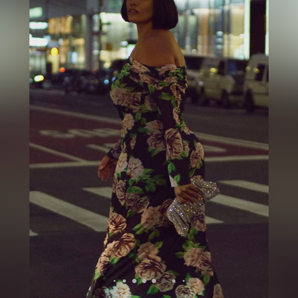 WITH TAGS AFRM LONG SLEEVE OFF THE SHOULDER MESH MAXI DRESS in BLK MOTIF sz S - Picture 6 of 11